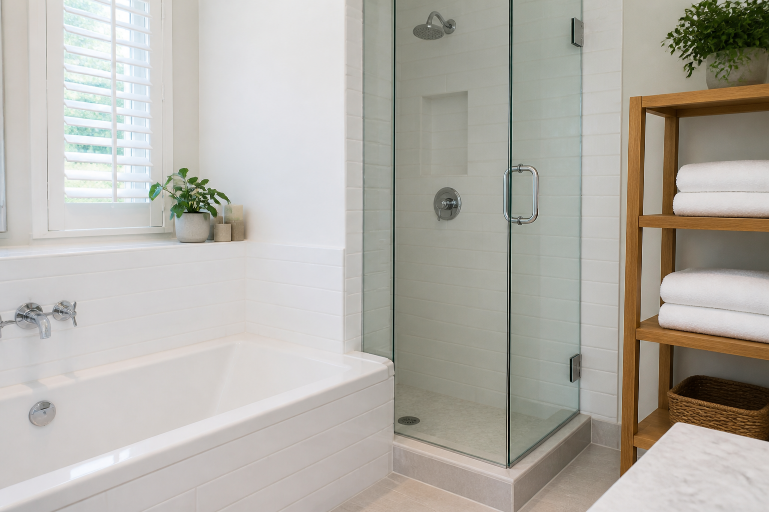 A sparkling bathroom with a freshly cleaned tub and vanity