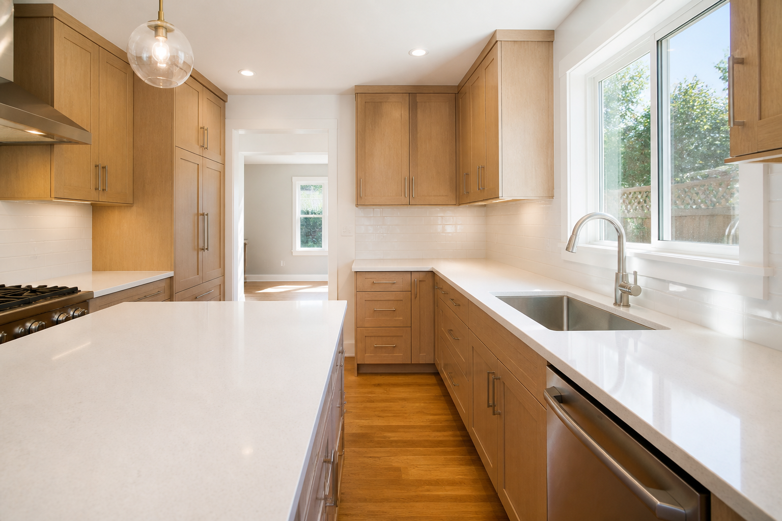 A bright kitchen with clean counters after a house cleaning