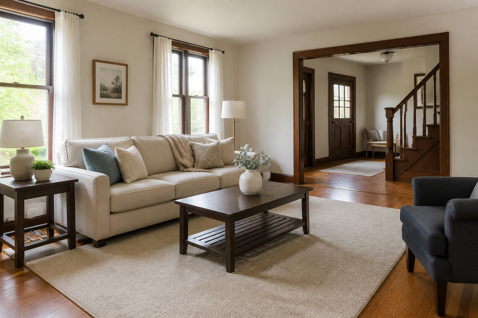 A tidy living room with a freshly cleaned, welcoming feel